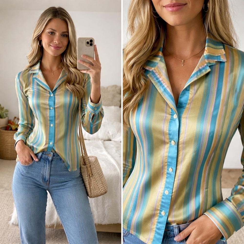 CARLISLE Silk Striped Button Down Blouse Jacket Vintage Office Classic Sz 6 Med - Picture 10 of 10